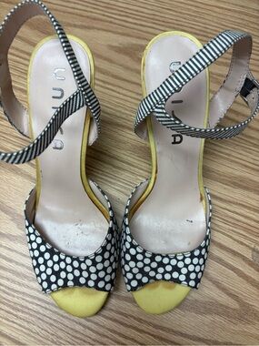 Unisa Black & White Polka Dot Open-Toe Heels with Yellow Accents